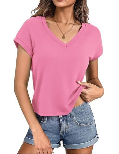 Totatuit Women Cute Cropped Tshirts for Students Teen Girls Loose Fit V Neck Cap Sleeve Tee Summer Beach Travel Holiday Tops Pink Medium - Image 1