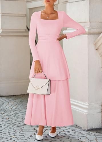 Lazysmile Women's Long Sleeve Fall Dresses Square Neck Ruched Waist Ruffle Hem Flowy Elegant Modest Boho Casual Maxi Dress Pink - Thumbnail 3