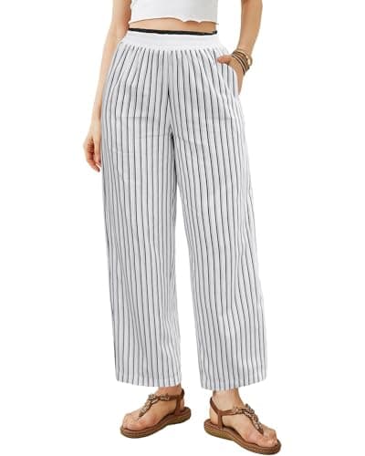 Bsubseach 2026 Women's Striped Wide Leg Cropped Pants Smocked Waist Summer Casual Trousers with Pockets(White-Black Striped, X-Large) - Image 1