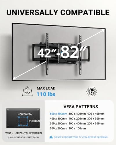 Pipishell Full Motion TV Wall Mount for 42-85 inch LED TVs up to 132lbs, Fits 65 75 Inch Swivel TV Mount Bracket with Articulating Arms, Max VESA 600x400mm, Fits 12” 16" Wood Studs - Thumbnail 2