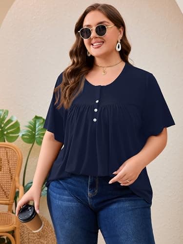AusLook Plus Size Tunic Tops for Women Pleated Babydoll Blouse Short Sleeve Round Neck Loose Fit Casual Flowy Navy Blue 3X Tunic Shirts Summer Tops to Wear with Leggings - Thumbnail 3