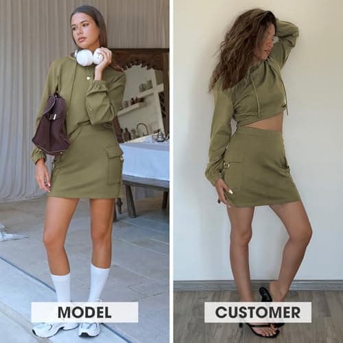 EXLURA Women Two Piece Set Cotton Sweatsuit Travel Airport Outfits 2026 Tracksuit Hooded Sweatshirt Cargo Skort Skirt Pockets - Thumbnail 3