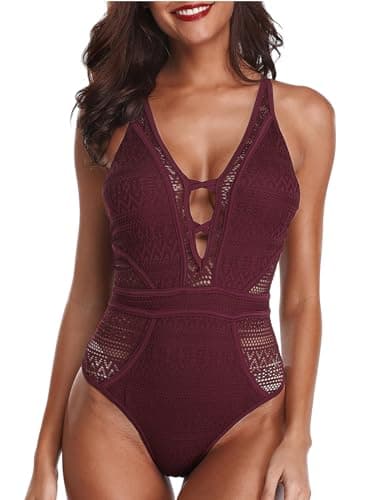 SOCIALA Swimsuit V Neck Crochet Bathing Suit for Women Crisscross Swim Suits High Waisted Cutout Monokini Wine Red L - Image 1