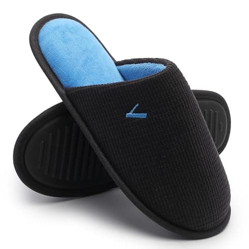 VANSARTO Men's Two-Tone Corduroy Memory Foam Slippers Cozy Plush Fleece Lined Slip-On House Shoes with Non-Slip Sole Lightweight Indoor Outdoor Comfy Slippers, Dark Gray/Blue, Size 9-10 - Image 1