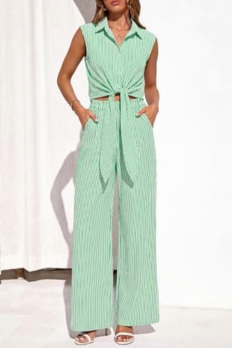PRETTYGARDEN 2 Piece Sets For Women Summer Striped Button Down Tie Front Crop Tops Wide Leg Pants Floral Lounge Set 2026(Striped Green,Medium) - Thumbnail 4