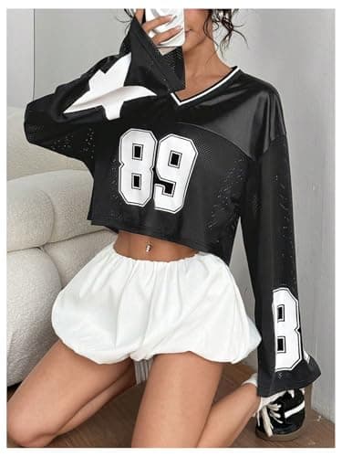 Milumia Women's Jersey Shirts Y2k Number Print Long Bell Sleeve Crop Tops Football Jersey Black Medium - Thumbnail 5