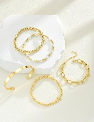 17 MILE Gold Beaded Bracelets for Women Non Tarnish, 14K Gold Plated Chunky Paperclip Chain Bracelet, Pearl Stretch Stackable Bracelet, Cross Bead Ball Elastic Bracelet Stack - Thumbnail 5