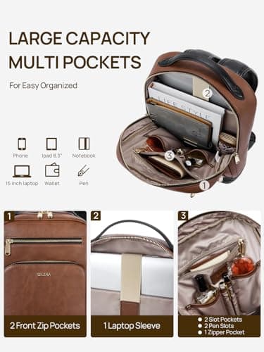 Telena Leather Laptop Backpack Women Men 15 inch Computer Bag Vintage Work Business for Teacher Nurse Black Brown - Thumbnail 2