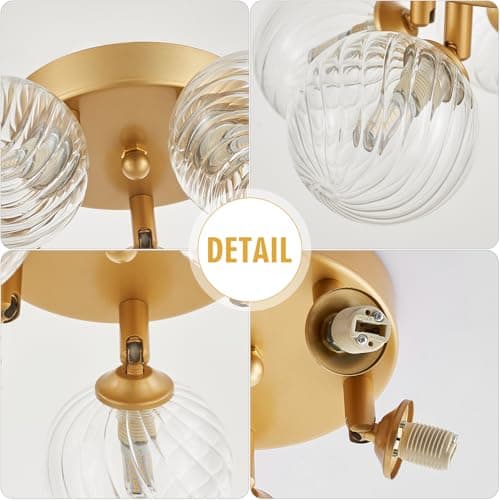 brfaixla Gold Ceiling Bubble Light Fixture Modern 5 Lights Swirled Clear Ribbed Blown Glass Ball Chandelier Semi Flush Mount Lighting Dia 12.6" for Hallway Entryway Kitchen Dining Room - Thumbnail 6