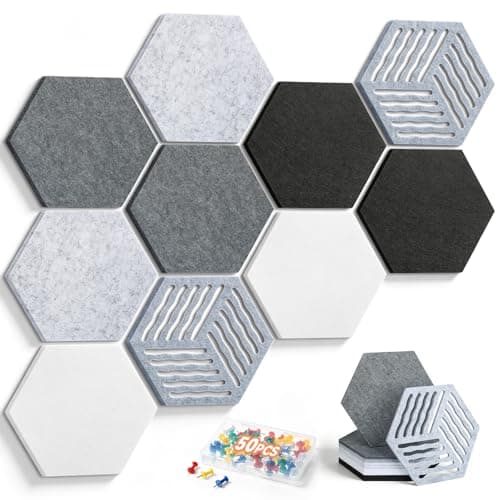 Fynnsilas 10 Pack Hexagon Felt Bulletin Board Tiles, 9mm Thick Pin Board with Unique Hollowed Wave Patterns, Traceless Nano Adhesive Backing, Decorative Wall Tiles with 50 Pins for Home & Office