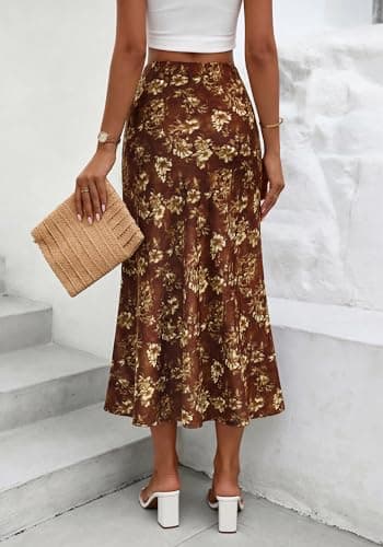 BTFBM Satin Skirts for Women Trendy Spring Summer 2026 High Waisted Leopard Print Cocktail Wedding Long Silk Midi Skirt(Floral Brown Yellow, X-Large) - Thumbnail 3