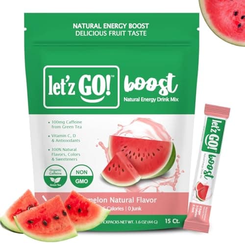 Let'z Go Clean Energy Drink Mix – Natural Caffeine Packets, Vitamins C + D, Electrolytes, Sugar-Free, Zero Calories | Anytime Energy | 15 Count (Watermelon)