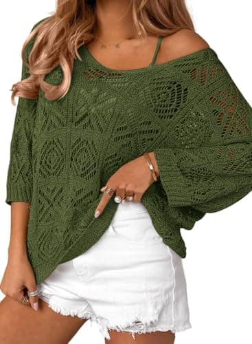 ATHMILE Off The Shoulder Tops Womens Spring Cruise Outfits Summer Beach Cover up Crochet Hollow Out 3/4 Sleeve Pullover Sweater Vacation Clothes Army Green - Image 1