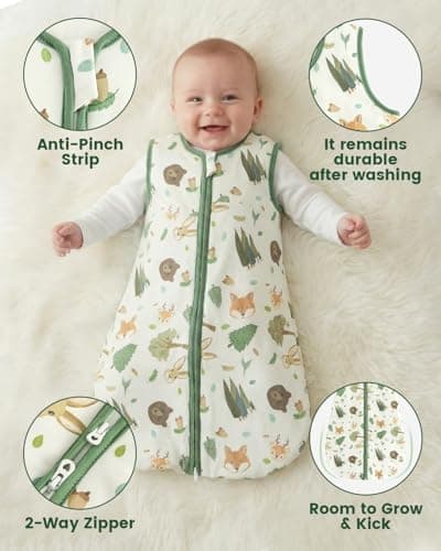 WYTbaby Baby Sleep Sack 1.5TOG 2 Pack Cotton SleepSack for Spring Summer Wearable Blanket with 2-Way Zipper,Green Fox,6-12 Months - Thumbnail 4