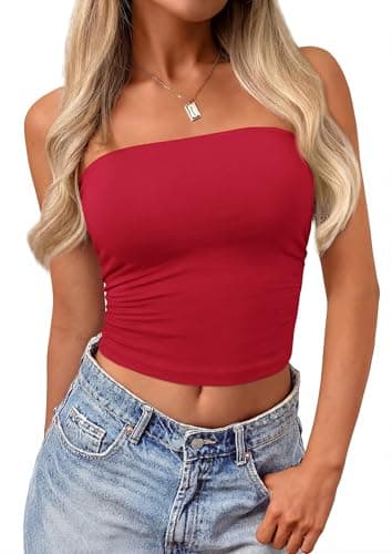PRETTYGARDEN Womens Tube Top 2026 Summer Going Out Tops Strapless Y2K Bandeau Spring Fitted Shirts Beach Vacation Clothes (Red,Small) - Image 1