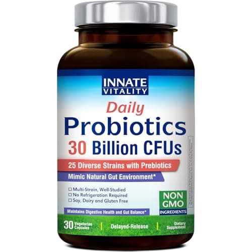 Innate Vitality Daily Probiotics for Women & Men, 30 Billion CFU of 25 Strains, Prebiotics, for Digestive Health Diarrhea Constipation Bloating & Gas Relief, Delayed Release, No Gluten, Vegan, 30 Caps - Image 1