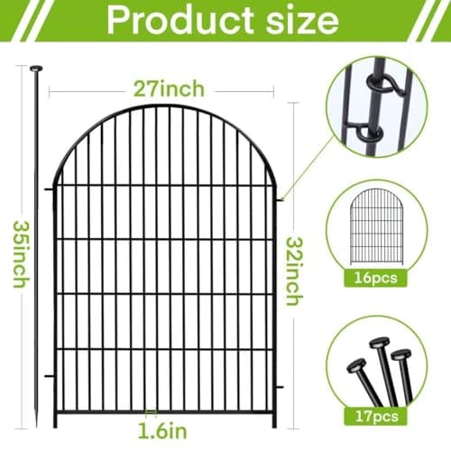 ADAVIN Garden Fence Animal Barrier with Gate 32 in(H)×35 Ft(L) 16 Panels,Rustproof Metal Wire Tall Fencing Border for Dogs Rabbits,Outdoor no dig pet Fences,Black Flower Edging for Yard,Arched - Thumbnail 2