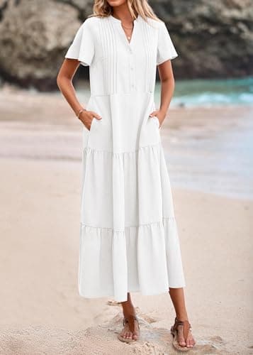KIRUNDO Summer Maxi Dresses for Women 2026 Spring Fashion Short Sleeve Button V Neck Pleated Loose Tiered Swing Flowy Dress(White, Large) - Thumbnail 5