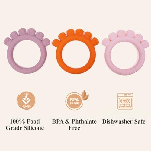 Baby Silicone Teething Ring Toys for 0-6,6-12 Months Boys and Girls,Chew Teether Stuff for Infant,Newborn Must Have Essentials,BPA Free,Soft and Textured. (Pink) - Thumbnail 4
