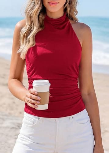 KIRUNDO Tank Tops for Women 2026 Dressy Halter Cowl Neck Backless Summer Clothes Casual Fitted Going Out Mesh Beach Outfits(Red, Large) - Thumbnail 2