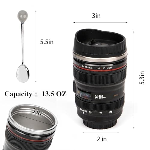 AMZHUB Camera Lens Coffee Mug,Travel Coffee Cup,Stainless Steel Lens Mug Thermos Camera Lens Mug with Lid and Spoon,Cool Gifts for Photographers Men and Women - Thumbnail 3