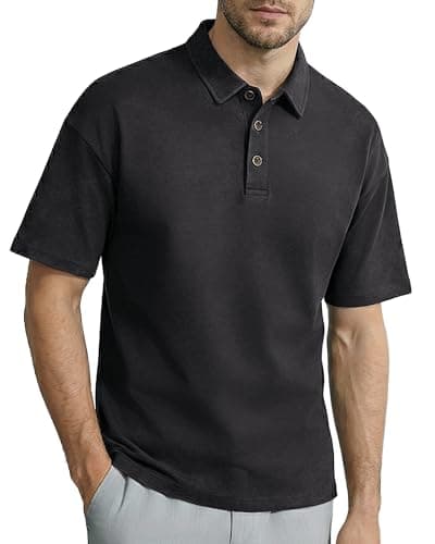 KUYIGO Men's Cotton Polo Shirts Short Sleeve Casual Summer Vintage Washed Shirt Classic Collared Shirt Black L - Image 1