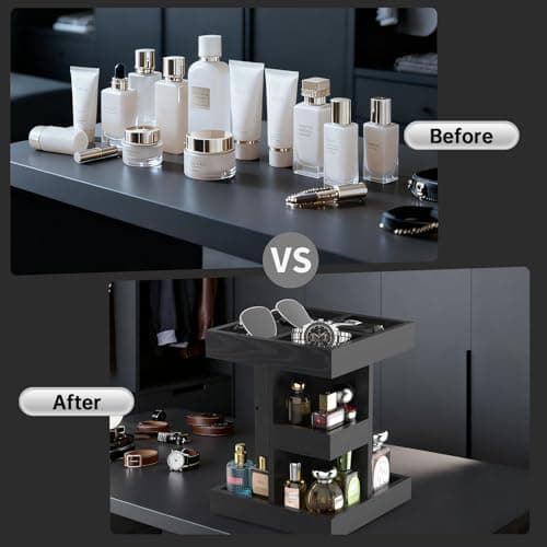 VLXXOI Cologne Organizer for Men Rotating Bathroom Counter Organizer, 3-Tier Solid Wood Storage Caddy, 360-Degree Rotating Stand, Burlywood (Black) - Thumbnail 5