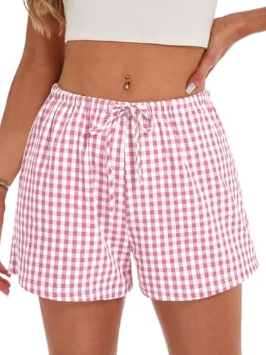 GKBK Boxer Shorts for Women Gingham Pajama 2026 Summer Spring Casual Lounge Sleep Plaid Checkered Shorts with Pockets Y2K Beach Bottoms Pink White Plaid L - Thumbnail 4