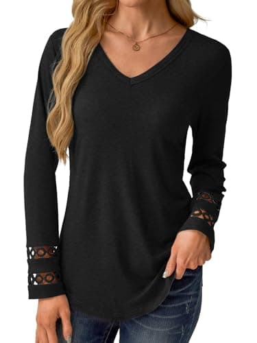 GKBK Women’s Long Sleeve V Neck Tunic Top Casual Dressy Blouse Business Loose Fit Trendy 2025 Fall Outfits Black L - Thumbnail 2