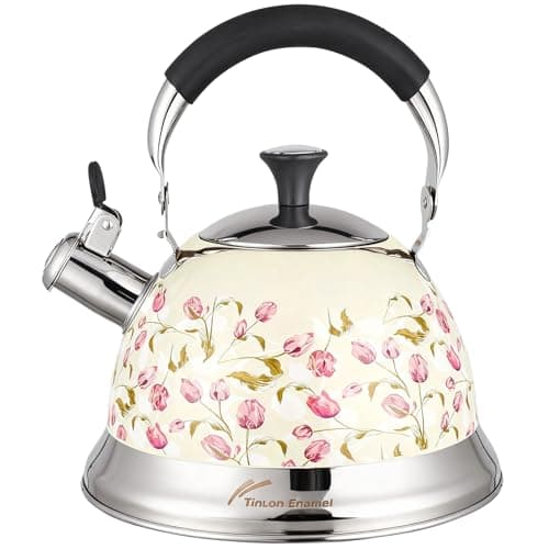 Tinlon Enamel Tea Kettle, 3.1QT Whistling Stovetop Teapot, Folding Handle
