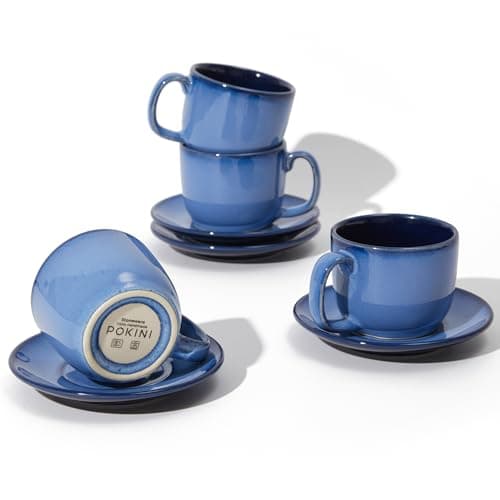 Pokini Stoneware Coffee Cups with Saucers, 6 Oz Cappuccino Cups Set of 4, Microwave & Dishwasher Safe, Perfect For Tea, Espresso, Latte, Ceramic Mugs for Kitchen or Cafe, Light Blue - Image 1