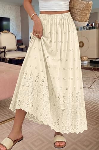 dowerme Women Summer Maxi Skirt Cute Elastic High Waist Boho Eyelet A-Line Cotton Flowy Long Skirts Spring Clothes 2026(Beige,Medium) - Thumbnail 3
