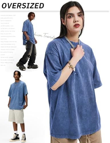 Arssm Men Oversized T Shirts Vintage Tee Loose Fit Short Sleeve Casual Streetwear Baggy Washed Unisex Tops(Blue-S) - Thumbnail 6