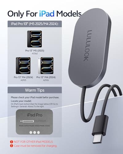 LULULOOK Magnetic Wireless Charger Cord for iPad Pro 13" M5 / M4 ONLY, 35W Aluminum Alloy Charger Fast Charing for iPad Pro 13 inch M5/M4 with 6.5ft USB-C Cable - Thumbnail 3