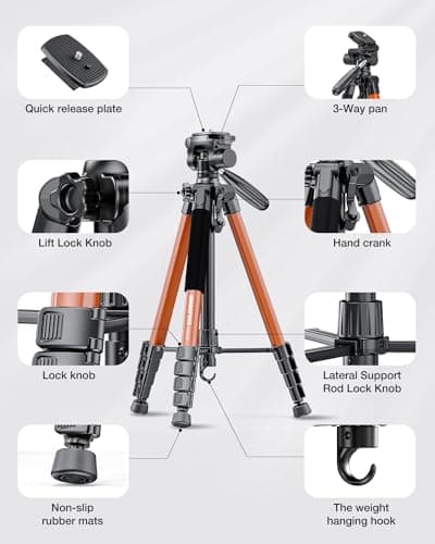 CAMBOFOTO 74"-Camera-Tripod, Professional Aluminum Heavy Duty Tripod Stand for Mirrorless Camera/DSLR/Cell Phone/Camcorder, with Holder and Travel Bag (Orange) - Thumbnail 6