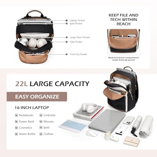 GOLF QUALITY Laptop Backpack for Women Travel Carry On Bag Weekender Business Multilayer Personal Item Backpack,16 Inch,WBlack - Thumbnail 3