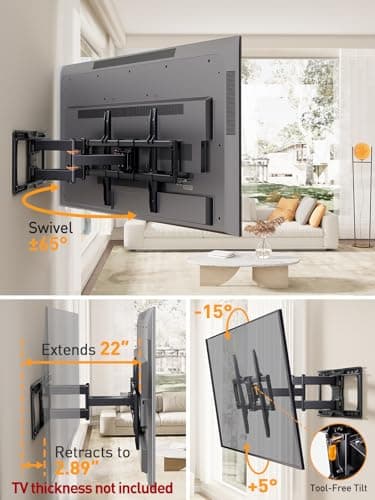 Perlegear UL-Listed Full Motion TV Wall Mount for 42–90 Inch TVs up to 150 lbs, Pre-Assembled TV Mount with Tool-Free Tilt, Swivel, Extension, Max VESA 600 x 400mm, 12″/16″/18″/24″ Wood Studs, PGLF16 - Thumbnail 3