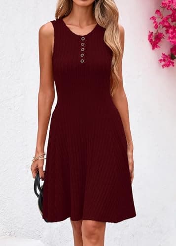 Lazysmile Summer Sleeveless Dresses for Women Crewneck Button Down Ribbed Knit A Line Casual Short Dress Wine Red - Thumbnail 3