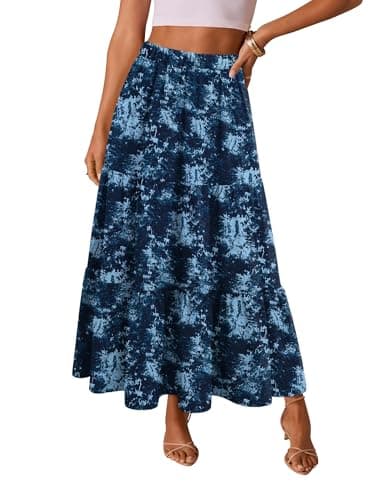 Magritta Womens Maxi Skirt Elastic High Waist Tiered A-Line Flowy Pleated Boho Indigo Tie-Dye Print Medium - Thumbnail 2