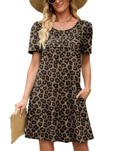Heymoments Women Short Sleeve Dress Floral Print X-Large Plus Size Crewneck Casual Flowy Above Knee Length Sundress Comfortable Shirt Work Summer Vacation Cheap Dresses with Pockets - Image 1