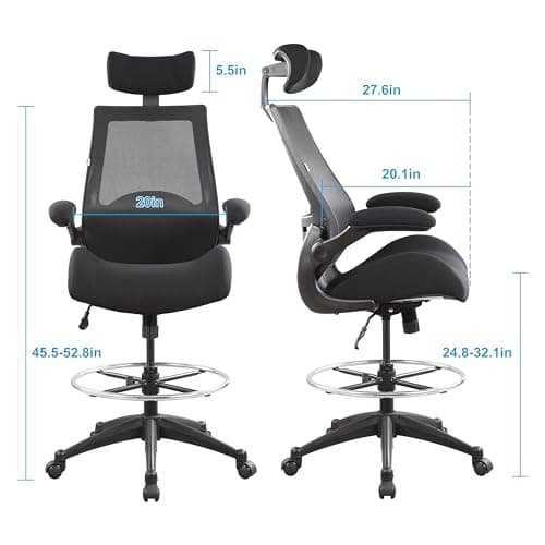 BOLISS Drafting Office Chair 400lbs High Back Wide Standing Desk Chair Comfortable with Flip up Armrests Lumbar Support Adjustable Big Footrest Ring(Black) - Thumbnail 3