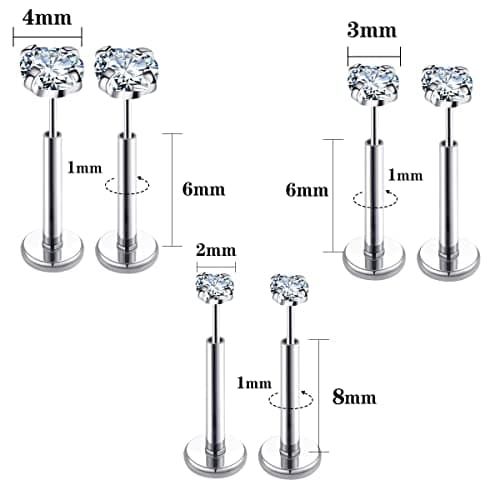 COTATI 18g Nose Stud Flat Back Studs Earrings Piercing Jewelry for Women,Surgical Steel Threadless Long Push Pin Labret Tragus Cartilage Lip Rings Stud (Silver,18G 2/3/4mm CZ) - Thumbnail 4