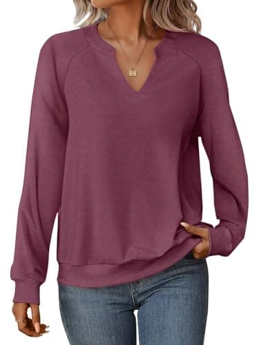 GKBK Womens Sweatshirts Long Sleeve V Neck Tops Fall Winter Basic Casual Lightweight Pullover Shirt Plum - Image 1