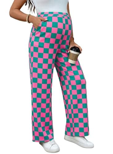 BLENCOT Women Casual Pants for Maternity Elastic Waisted Wide Leg Plaid Checkered 2026 Fashion Grid Pregnancy Pants Trousers Green Pink 2XL - Image 1