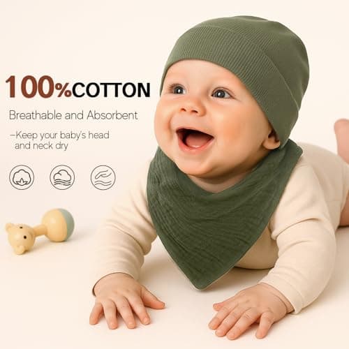Sofier Baby Hats and Muslin Bibs Baby Beanies for Unisex Newborn Infant 0-6 Months Boys Girls Gift Set(US, Age, 0 Months, 6 Months, Green) - Thumbnail 3