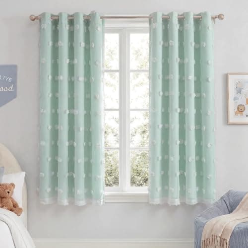 NICETOWN Aqua Pom Pom Curtains for Nursery, Grommet Room Darkening Double Layer Sheer Drapes Thermal Insulated Kids Room Window Treatments for Bedroom, W52 x L63, 2 Panels - Thumbnail 5