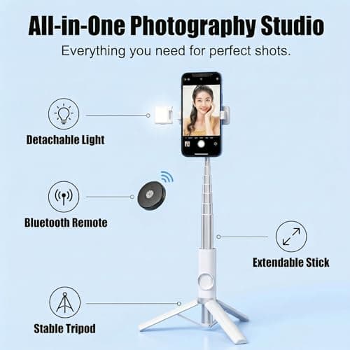 Selfie Stick Tripod Portable Extendable Cell Phone Stand with Detachable Mini Ring Light Phone Tripod Stand with Bluetooth Remote for iPhone Android for Vlogging/Travel/Live Streaming (White) - Thumbnail 2