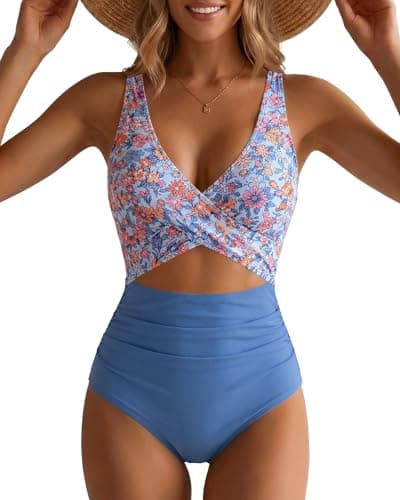 GRAPENT Womens Swimsuit Swim Suit Modest Swimsuits Cutout One Piece Women Bathing Suits Floral Wear One Piece Swimsuit Women, Mykonos Blue Pink Floral, XL, US Size 16 to 18 - Image 1