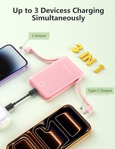 10000mAh Mini Portable Charger with Built in Cable, Pocket Size Power Bank Travel External Battery Pack for Phone, 3 Output USB Type C Cord Clutch Compatible with iPhone, Samsung, 2 Pack Black & Pink - Thumbnail 5