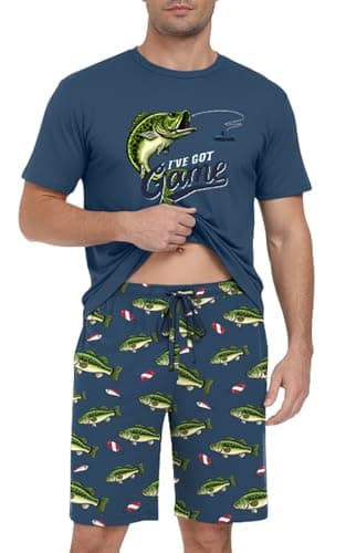 PrinStory Men's I've Got Game Pajama Set, Bass Fish Graphic Tee and Printed Shorts, Novelty Sleepwear Loungewear Set for Home, Fishing Gift, Blue L - Thumbnail 3
